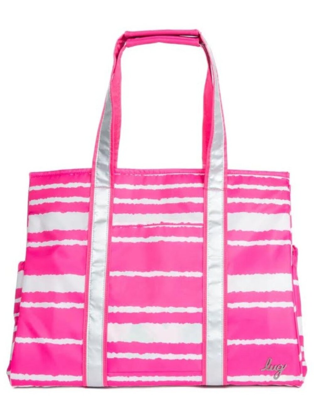 Lug Rover X-Large Carry-All Tote Magenta Stripe Neon Pink/Metallic Silver Straps